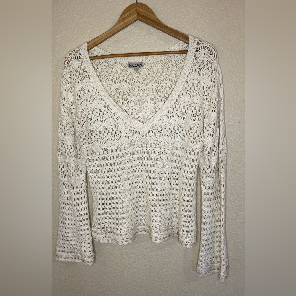 KOAN Cream V-Neck Crotchet Knit Sweater Women's Size Medium